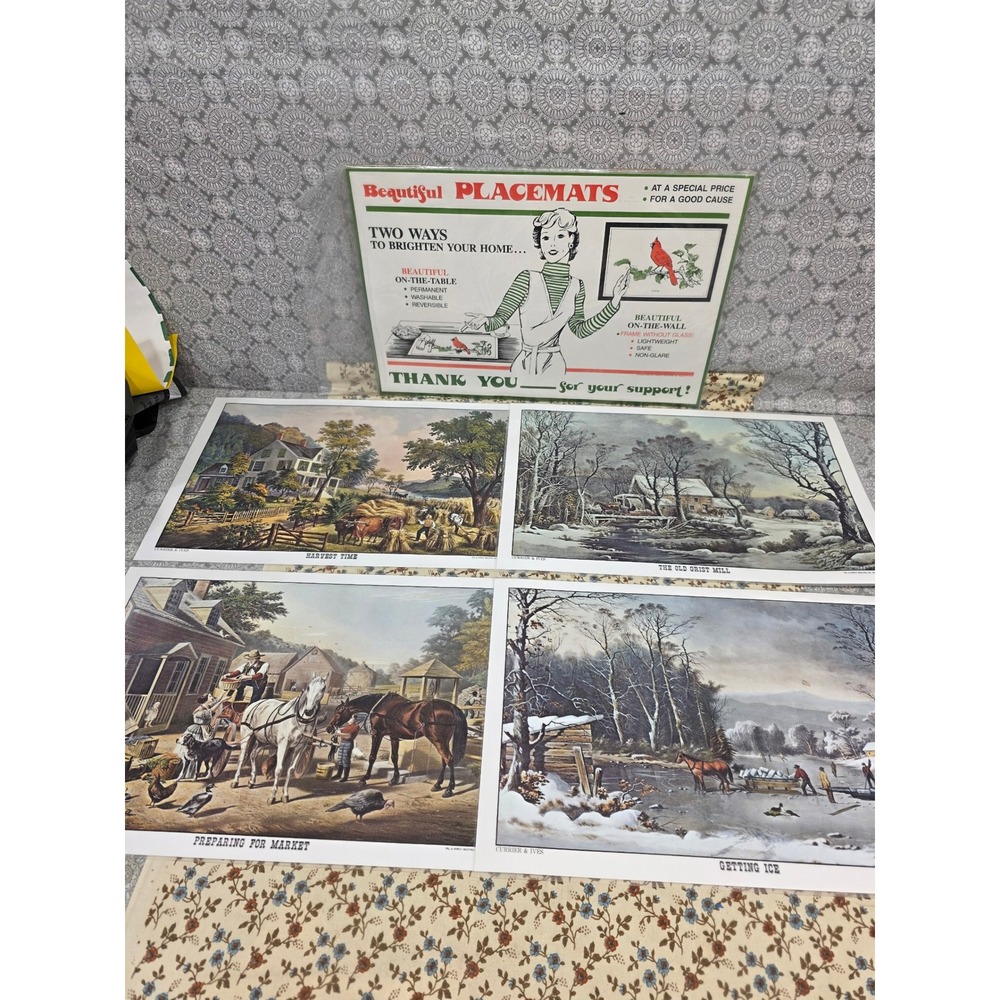 Vintage Currier‎ & Ives Placemats Whirley Industries Set of 4 Farmhouse Decor